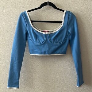 STAUD Light Blue Long Sleeve U-Neck Top with Bow Detail